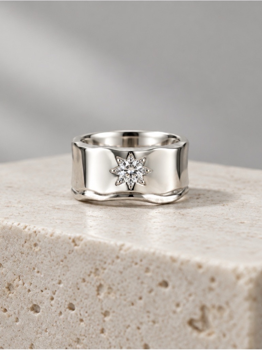 2393 - 95 NWT 925 Sterling Silver Adjustable Wide Band Ring Starburst CZ Accent